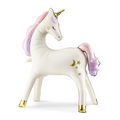 Inflatable unicorn with pink and purple hair on a white background