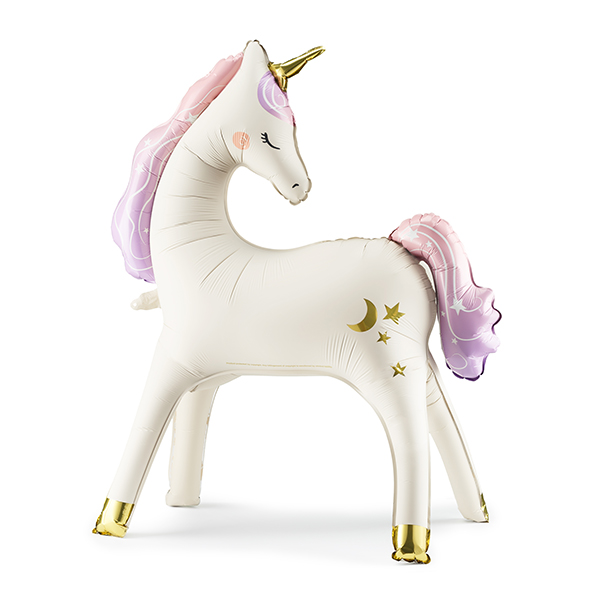 Inflatable unicorn with pink and purple hair on a white background