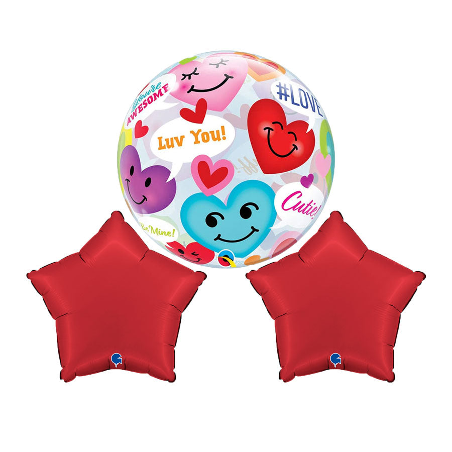Colorful balloon with smiley faces and text, accompanied by two red star-shaped balloons on a white background.
