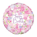 Floral design helium balloon featuring pink roses all around and purple writing saying 'Happy Birthday'