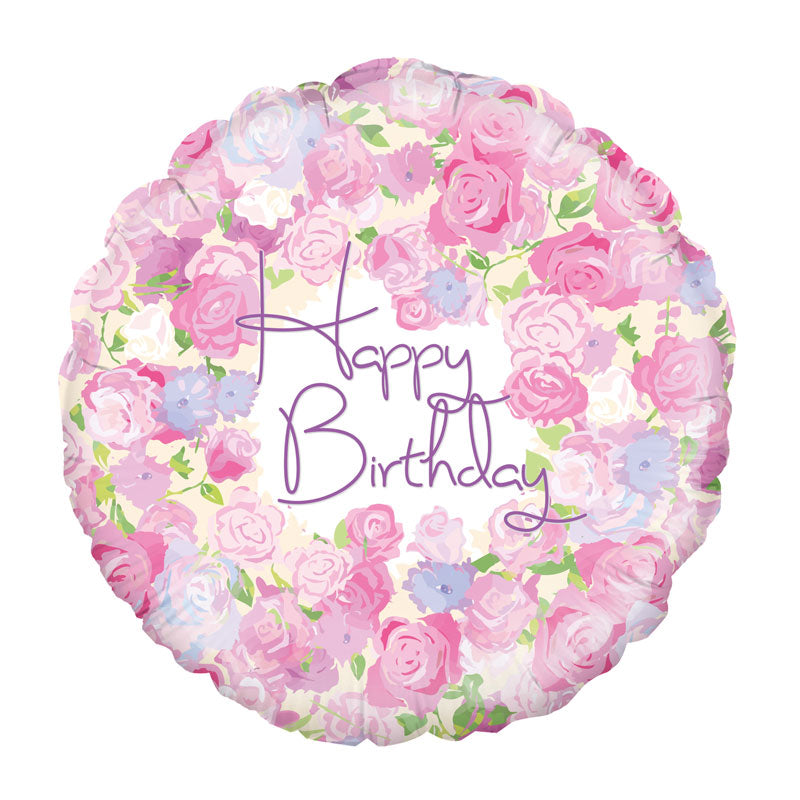 Floral design helium balloon featuring pink roses all around and purple writing saying 'Happy Birthday'