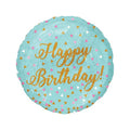 Round blue balloon with 'Happy Birthday!' text and colorful confetti