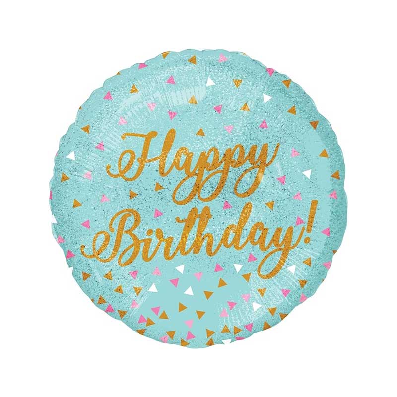 Round blue balloon with 'Happy Birthday!' text and colorful confetti