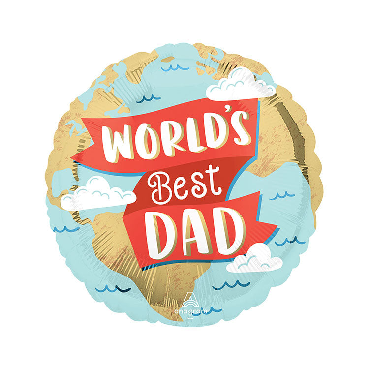 Round balloon with blue sea and gold earth shapes like a globe with world's best dad written