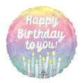 Round balloon with 'Happy Birthday to you!' text and candles with a colourful sparkly background