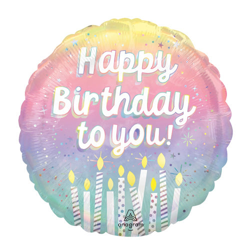 Round balloon with 'Happy Birthday to you!' text and candles with a colourful sparkly background